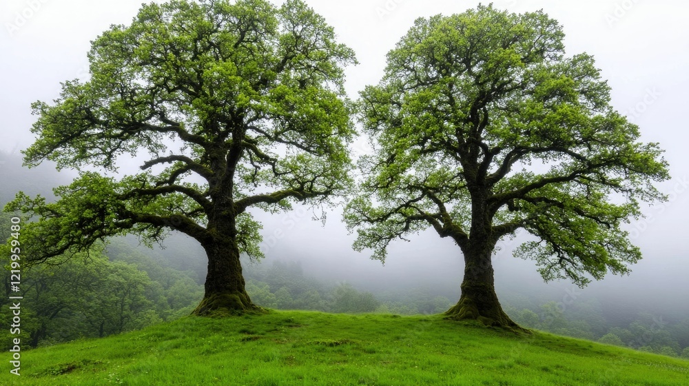 Enchanting and Timeless Cluster of Towering Giant Oak Trees in a Misty and Atmospheric Forest Landscape Creating a Serene and Mysterious Woodland Scene Enchanting and Timeless Cluster of Towering Giant Oak Trees in a Misty and Atmospheric Forest Landscape Creating a Serene and Mysterious Woodland Scene