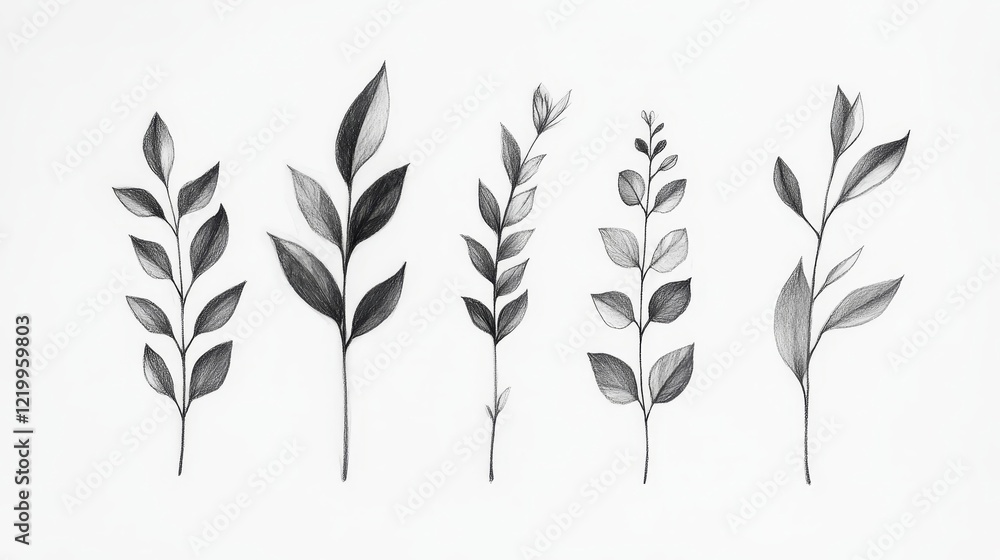 Elegant Minimalist Sketch of Houseplant with Delicate Leaves in Modern Style Elegant Minimalist Sketch of Houseplant with Delicate Leaves in Modern Style