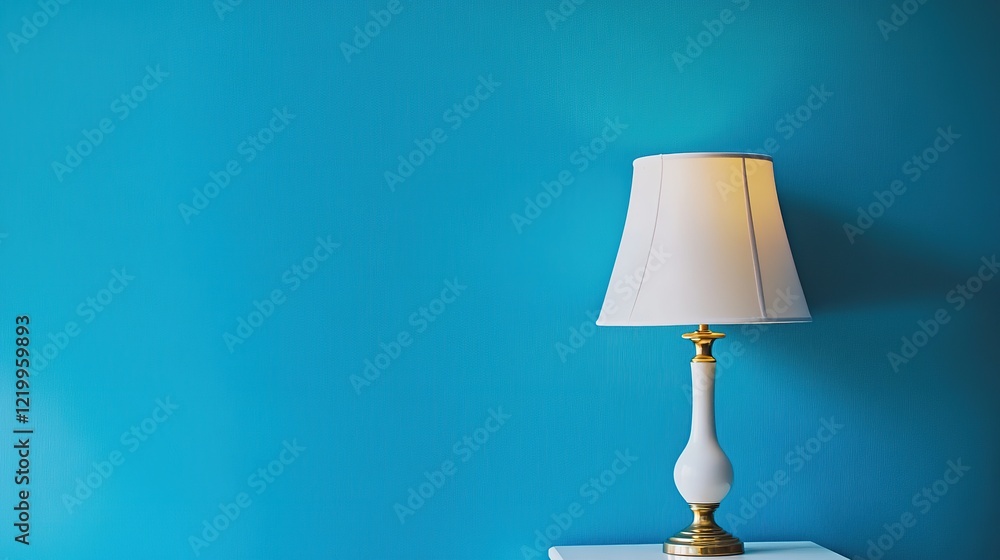 Lamp with elegant lampshade on table against serene blue wall background Lamp with elegant lampshade on table against serene blue wall background