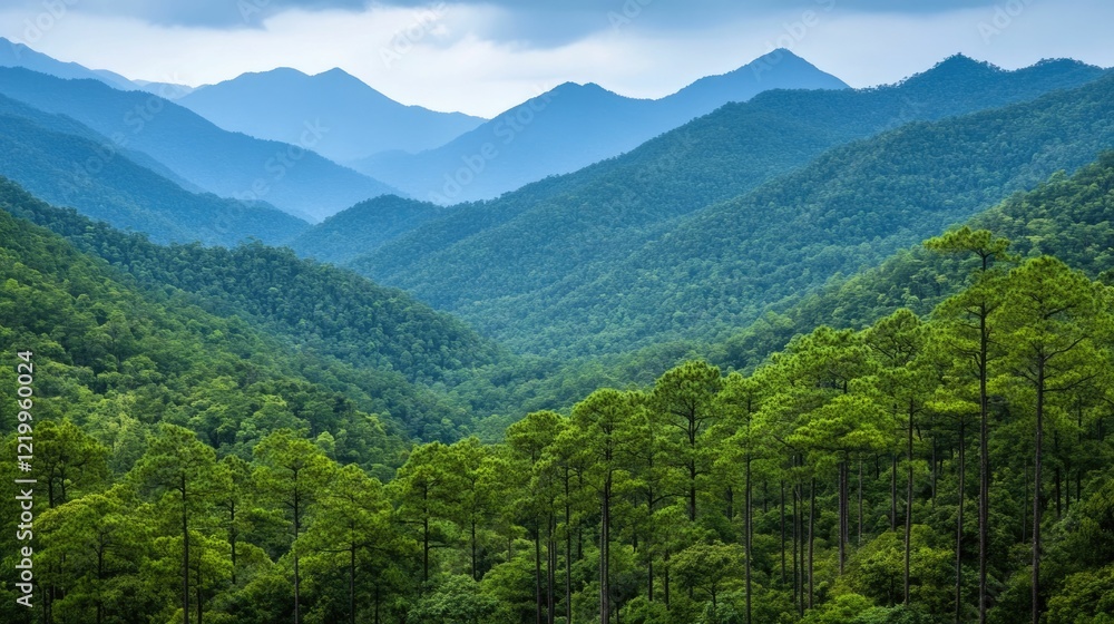 Naklejka premium Vast lush evergreen forest blanketing the rugged slopes of a towering mountain range creating a serene and natural landscape