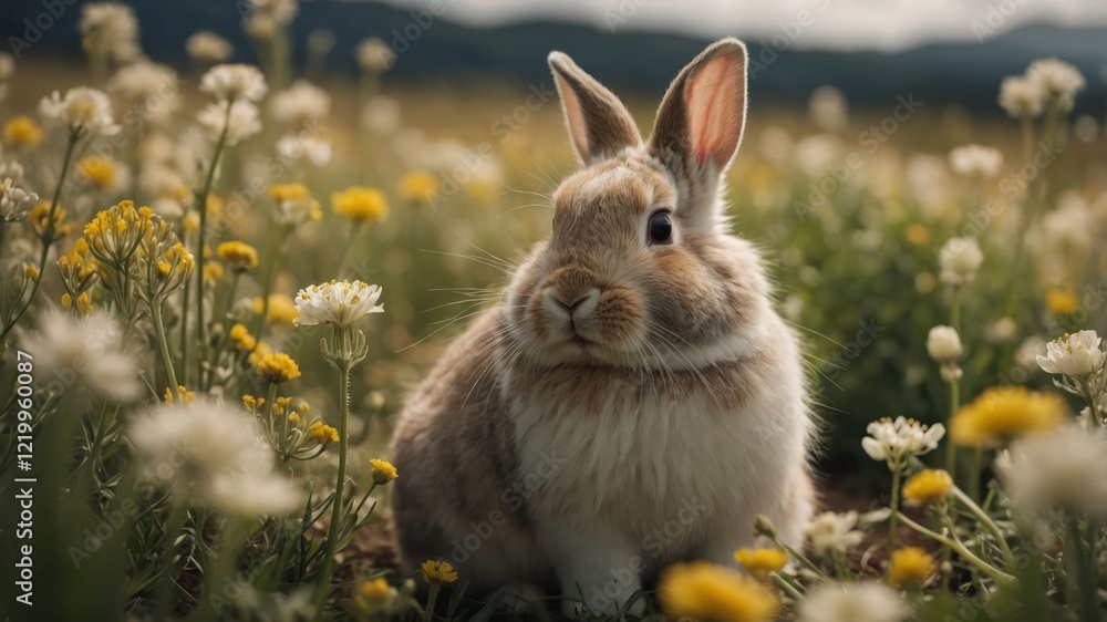 A fluffy rabbit sitting among vibrant wildflowers in a sunny meadow with mountains in the background A fluffy rabbit sitting among vibrant wildflowers in a sunny meadow with mountains in the background