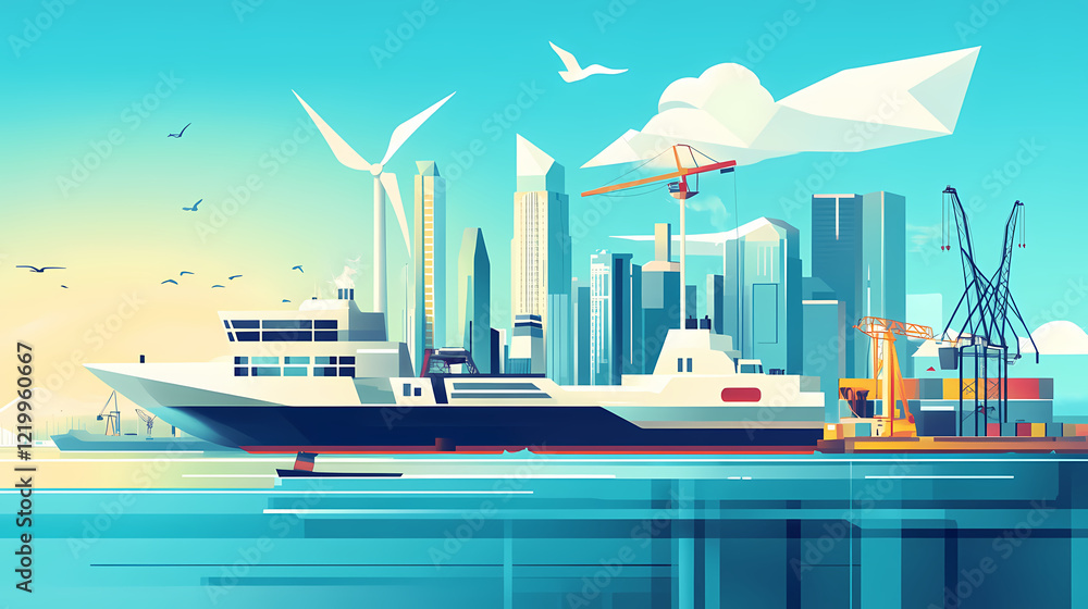 Fototapeta premium Eco friendly seaport harnessing renewable energy and sustainable practices. Electric Harbor. Illustration