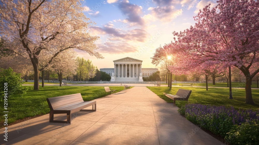 Obraz premium Supreme Court building exterior at sunset, symbolizing justice, law, and the enduring principles of democracy under the warm glow of twilight.