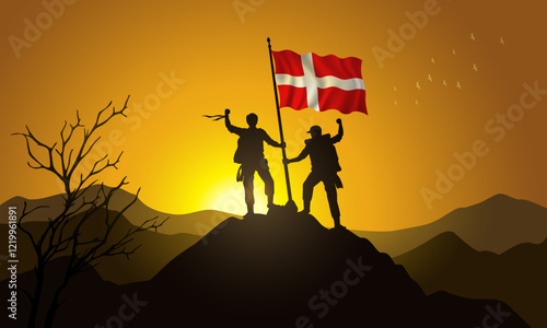 Denmark flag, silhouette of two climbers holding a flag at sunset over the mountain