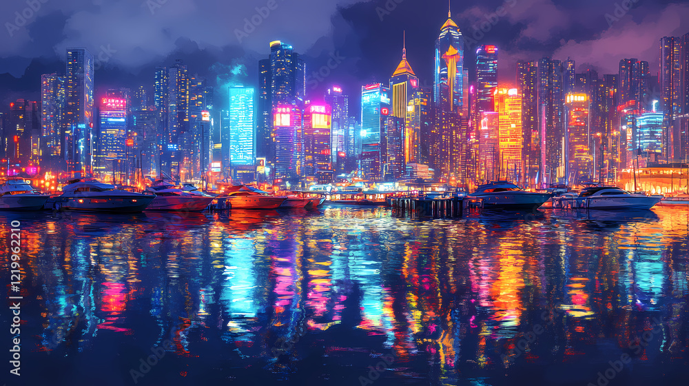 Fototapeta premium Vibrant night cityscape with illuminated harbor boats and skyscrapers reflecting on water. Electric Harbor. Illustration