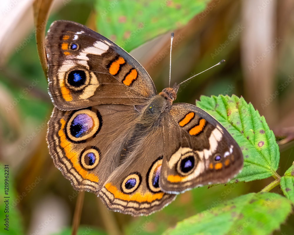 Fototapeta premium A Common Buckeye (Junonia coenia) perches in the brambles.