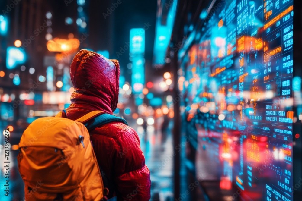 Obraz premium A person standing at a bus stop, staring at a complicated schedule board filled with overlapping routes and destinations, their expression visibly unsure