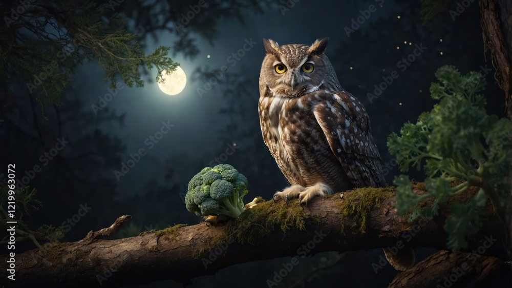 Majestic owl perched on a mossy branch under a full moon, surrounded by lush greenery and broccoli Majestic owl perched on a mossy branch under a full moon, surrounded by lush greenery and broccoli