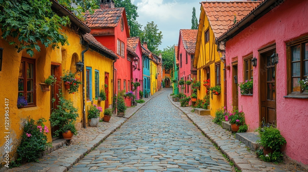 Fototapeta premium Vibrant Colorful Houses, Cobblestone Street, Picturesque Village