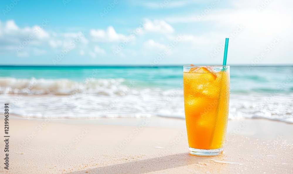 Obraz premium Tropical orange cocktail on sandy beach with ocean waves