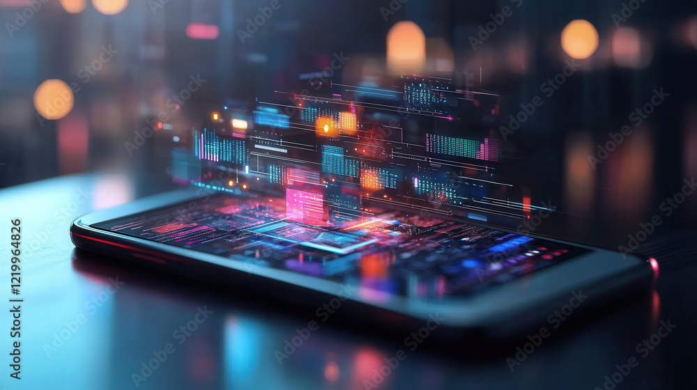 glowing 3D database interface emerges from smartphone, symbolizing futuristic technology and data management glowing 3D database interface emerges from smartphone, symbolizing futuristic technology and data management