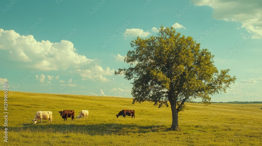 Fototapeta premium A herd of cows are grazing in a field next to a tree