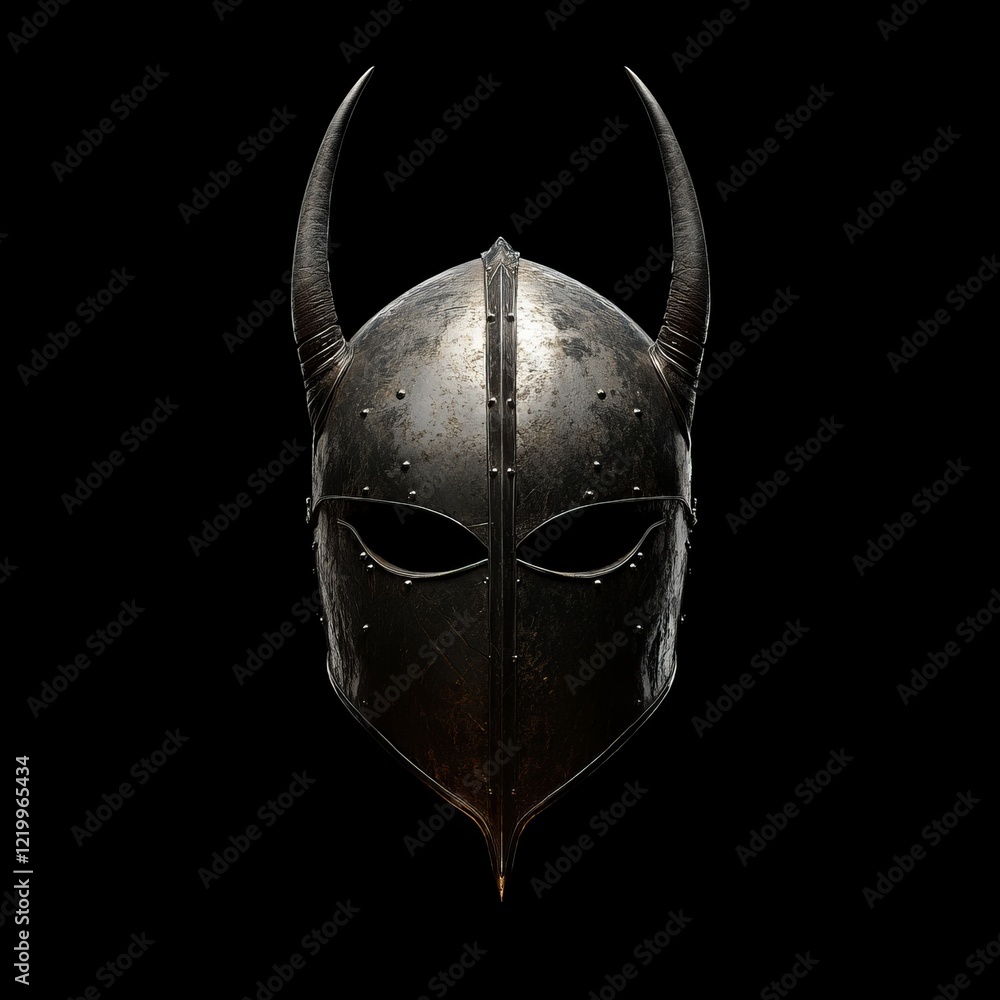 Obraz premium Medieval horned helmet, dark background, metal, antique, worn.