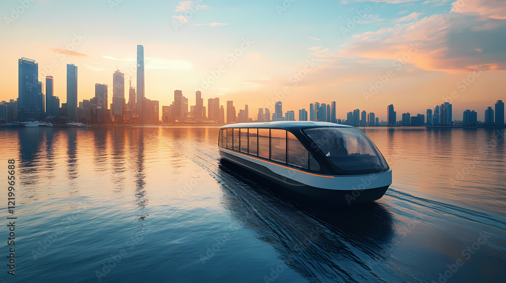 Naklejka premium A futuristic electric ferry service, gliding silently through the water while offering a scenic view of the city skyline. Electric Harbor. Illustration