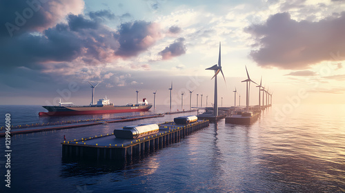 Wallpaper Mural A hyperrealistic render of electric ships docking at a harbor powered by offshore wind. Electric Harbor. Illustration Torontodigital.ca