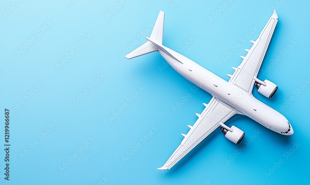 Fototapeta premium White airplane model on blue background for travel or vacation concepts