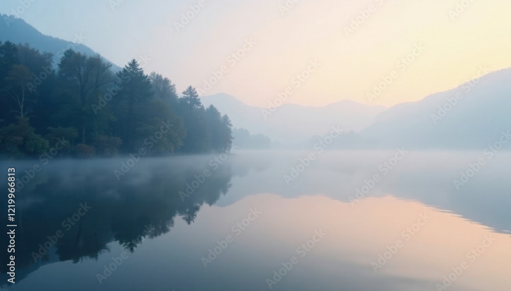 Misty morning fog rises from the lake's surface, reflective, serene, calm Misty morning fog rises from the lake's surface, reflective, serene, calm