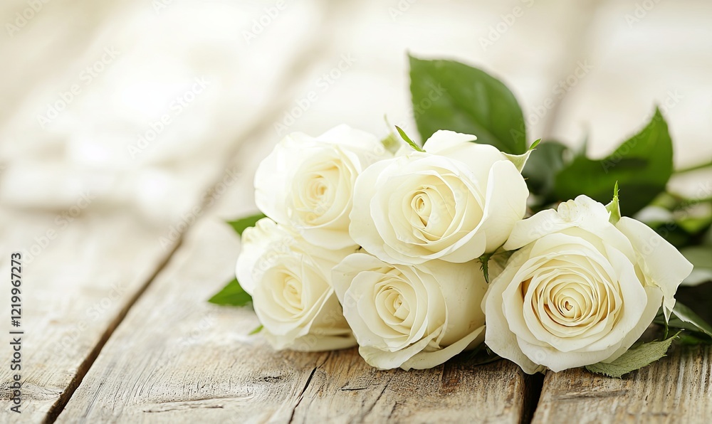 White roses bouquet on rustic wooden table, soft focus background, ideal for romance or sympathy themes White roses bouquet on rustic wooden table, soft focus background, ideal for romance or sympathy themes