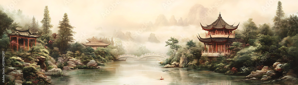 Naklejka premium A river flowing through a Chinese garden.
