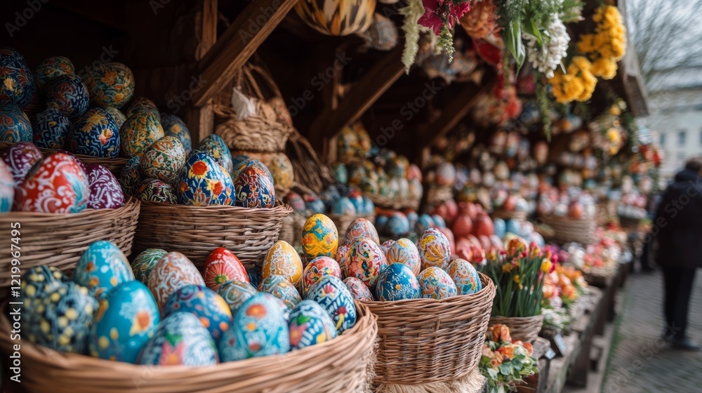Fototapeta premium Colorful Easter eggs displayed in baskets at a festive market during springtime celebration
