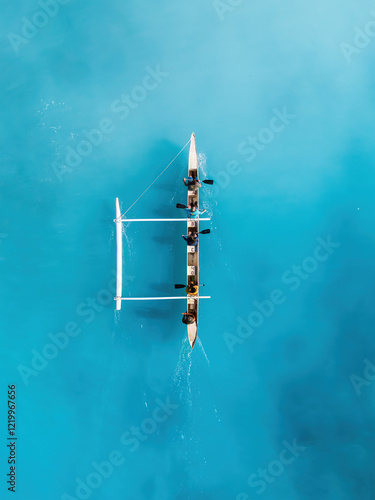 Drone Aerial View of a Canoe Gliding Through Waves in Hawaii's Transparent Blue Ocean
