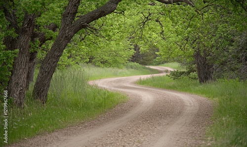 Winding dirt road through lush green forest, ideal for scenic drives or nature walks