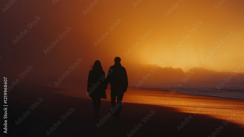 A couple walking on a beach at sunset A couple walking on a beach at sunset