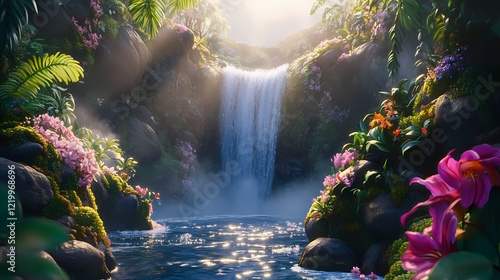 Enchanted waterfall oasis cascading crystalclear water tumbles over mosscovered rocks lush ferns and vibrant flowers frame the scene misty spray catches golden sunlight. Enchanted Oasis. Illustration photo