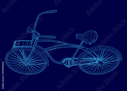 Blue bicycle with a seat and a blue basket. The bike is shown in a stylized way, with the spokes of the wheel and the frame of the bike being emphasized