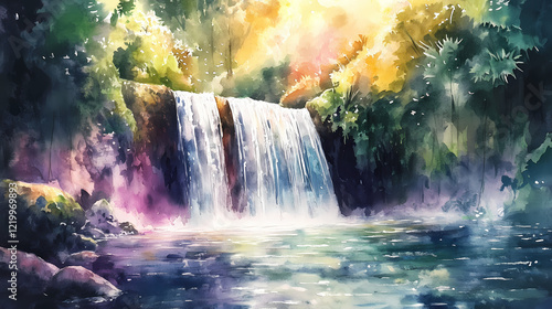 Wallpaper Mural Ethereal watercolor painting of a mystical enchanted waterfall, high-quality, ethereal allure, hidden oasis. Enchanted Oasis. Illustration Torontodigital.ca