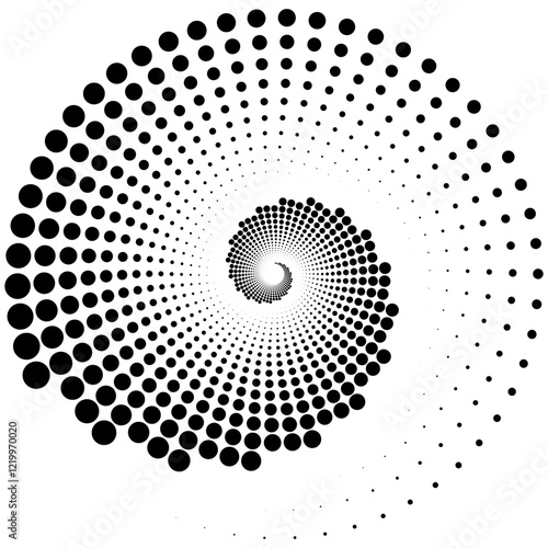 Abstract Black Spiral Halftone Dotted Pattern on White Background
