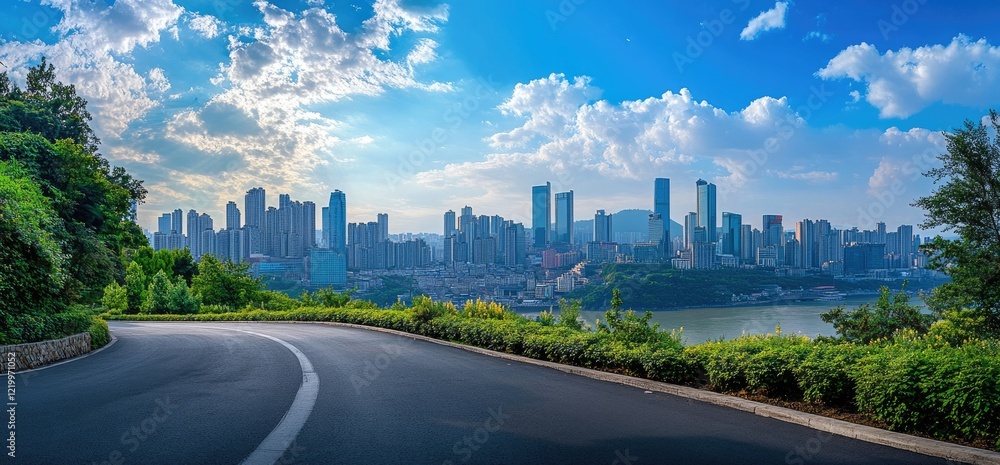 Fototapeta premium Scenic highway curve overlooking city skyline, river, and lush greenery. Use Travel, real estate