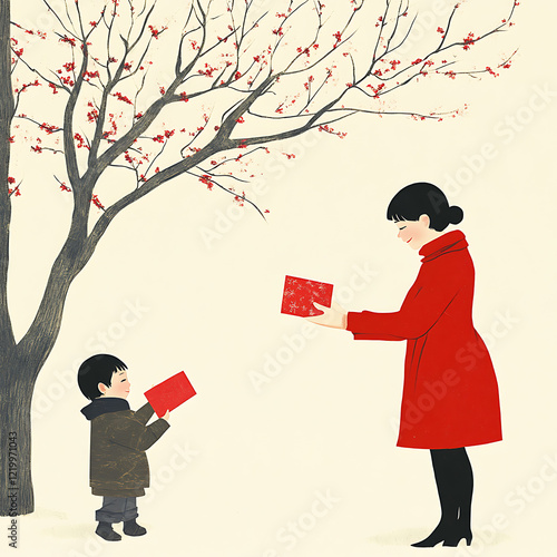 A person giving a red envelope to a child.
