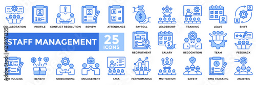 Staff management icon collection set.Containing recruitment, training, motivation, performance, salary, benefit icon.Simple blue vector illustration.	
