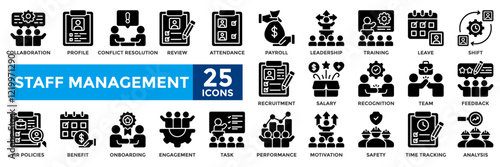 Staff management icon collection set.Containing recruitment, training, motivation, performance, salary, benefit icon.Simple solid vector illustration.	
