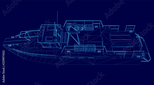Blue image of a boat with a blue background. The boat is shown in a 3D format, with a blue color scheme. The boat appears to be a large ship