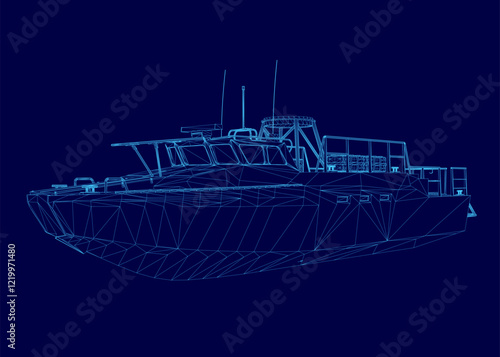 Blue drawing of a boat with a blue background. The boat is shown in a stylized way, with a lot of detail and a sense of depth
