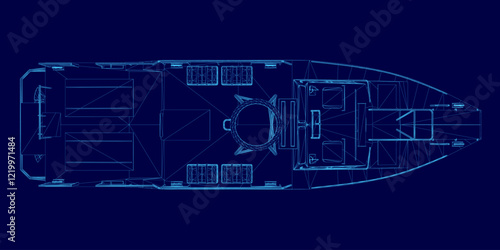 Blue drawing of a boat with a blue background. The boat is shown in a very detailed manner, with the inside of the boat and the deck clearly visible. The boat appears to be a large yacht