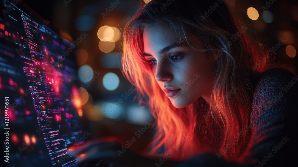 Cyberpunk Girl Concentrated on Coding Cyberpunk Girl Concentrated on Coding