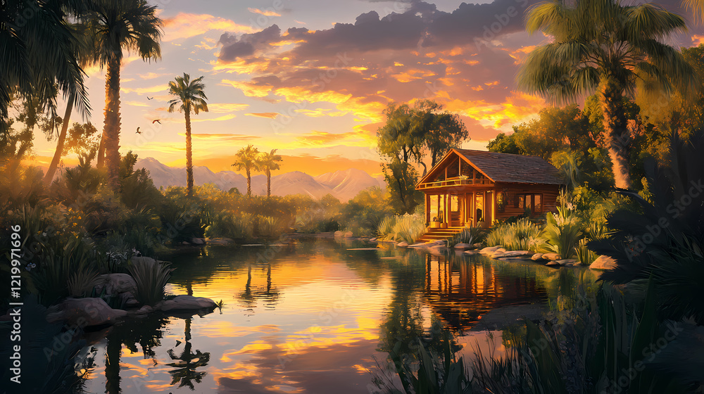 Fototapeta premium Serene desert oasis sunset scene featuring a charming wooden cabin reflected in a calm pond, surrounded by lush vegetation and majestic palm trees. Enchanted Oasis. Illustration