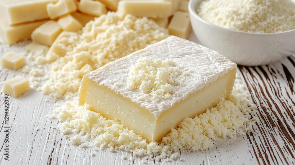 Creamy cheese block, grated, powder, wood, kitchen, food photography, recipe Creamy cheese block, grated, powder, wood, kitchen, food photography, recipe