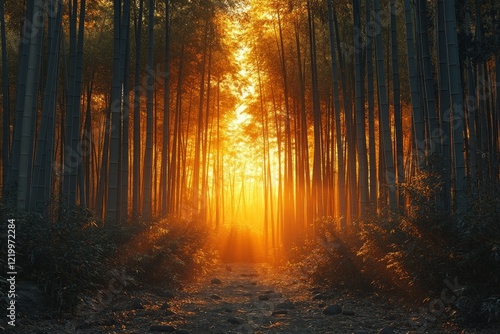 Serene Bamboo Forest bathed in Golden Sunlight, Nature's Tranquil Beauty Captured amidst Lush Greenery and Radiant Glow photo