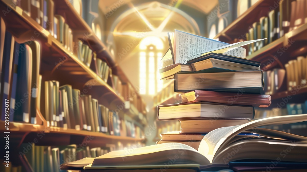 Obraz premium A stack of open and closed books with realistic textures, set in a library with soft light beams and bookshelves, symbolizing education and knowledge.