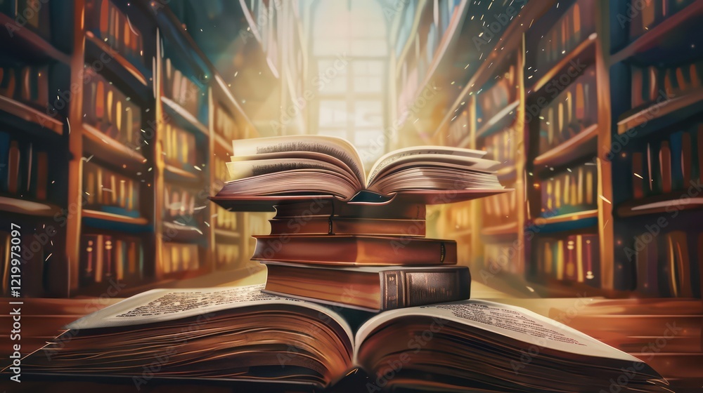 Fototapeta premium A stack of open and closed books with realistic textures, set in a library with soft light beams and bookshelves, symbolizing education and knowledge.