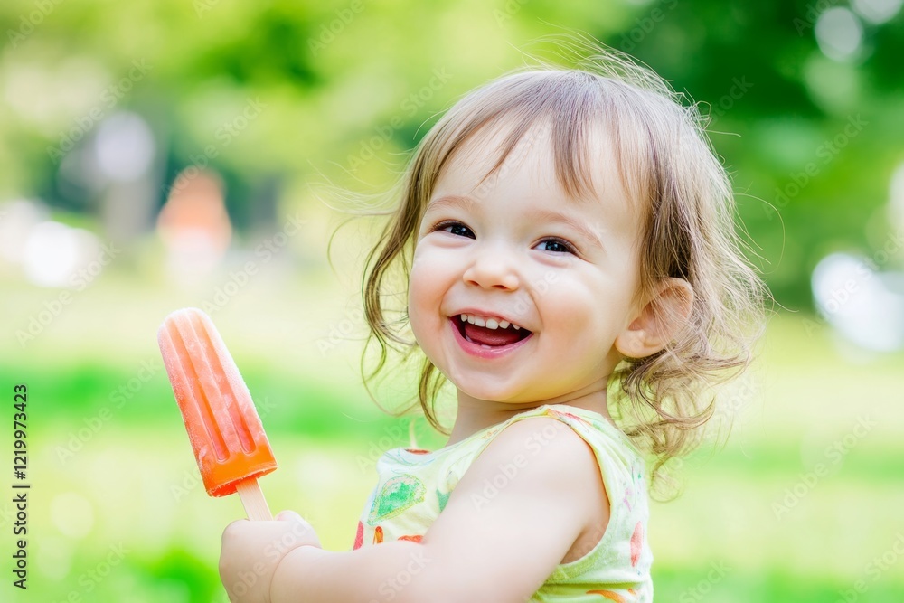 Smiling child enjoying a popsicle in a green park on a sunny day Smiling child enjoying a popsicle in a green park on a sunny day