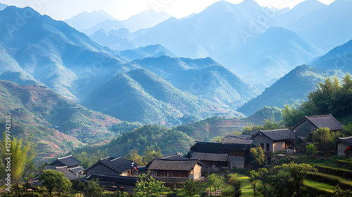 Wallpaper Mural A mountain range with a traditional Chinese village. Torontodigital.ca