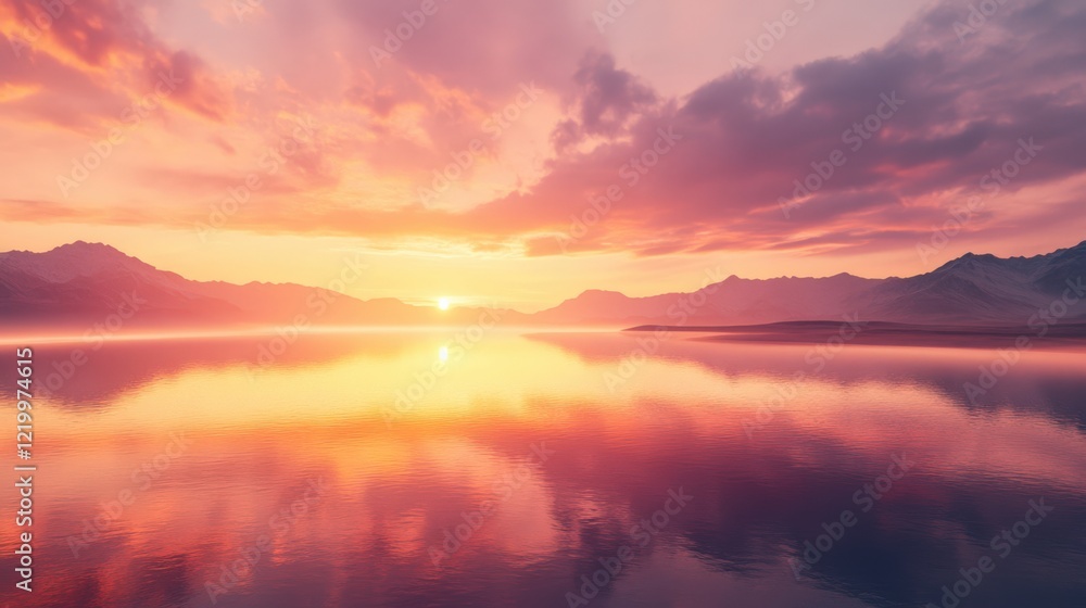 A beautiful sunset over a calm lake with mountains in the background A beautiful sunset over a calm lake with mountains in the background