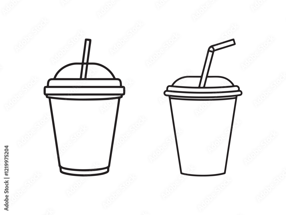 Set Outline Disposable Beverage Cups with Straws vector on white background Set Outline Disposable Beverage Cups with Straws vector on white background