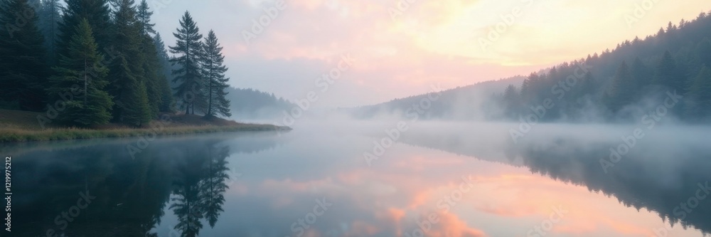 Obraz premium Misty morning reflection on calm lake with towering pines, nature, calm