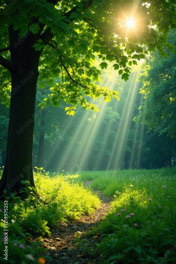 Obraz premium Dappled sunlight filters through a leafy canopy, shade, tranquility, sunlight